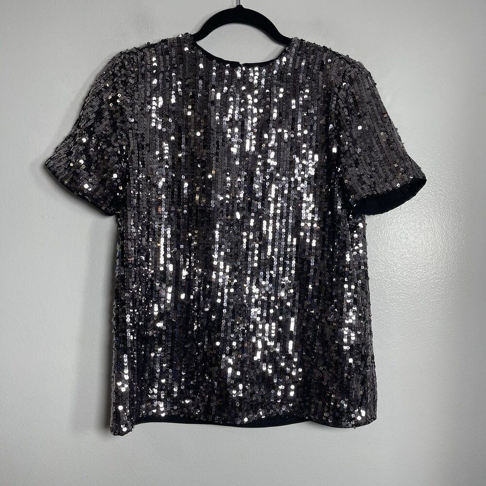 EXPRESS Sequin Short Sleeve Shirt Small Silver Black NEW Party Holiday Blouse